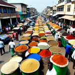 **

A bustling Lagos street scene, filled with vibrant colors and activity. Focus on the local market, showcasing vendors selling spices, fabrics, and handmade crafts. Include details like yellow danfo buses, street food stalls, and people dressed in traditional Nigerian attire. Capture the energy and chaos of everyday life in Lagos. Safe for work, appropriate content, fully clothed, professional, family-friendly, perfect anatomy, natural proportions.

**