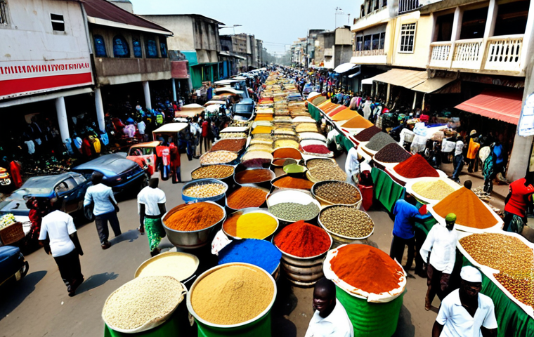 **
A bustling Lagos street scene, filled with vibrant colors and activity. Focus on the local market, showcasing vendors selling spices, fabrics, and handmade crafts. Include details like yellow danfo buses, street food stalls, and people dressed in traditional Nigerian attire. Capture the energy and chaos of everyday life in Lagos. Safe for work, appropriate content, fully clothed, professional, family-friendly, perfect anatomy, natural proportions.
**