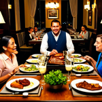 Upscale Restaurant Scene**

"A beautifully decorated restaurant interior, warm lighting, featuring a family enjoying a meal of grilled meats and side dishes, professional setting, fully clothed, appropriate attire, safe for work, perfect anatomy, natural proportions, modest, family-friendly, high-quality, professional photography."

**