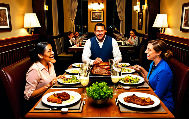 Upscale Restaurant Scene**
"A beautifully decorated restaurant interior, warm lighting, featuring a family enjoying a meal of grilled meats and side dishes, professional setting, fully clothed, appropriate attire, safe for work, perfect anatomy, natural proportions, modest, family-friendly, high-quality, professional photography."
**